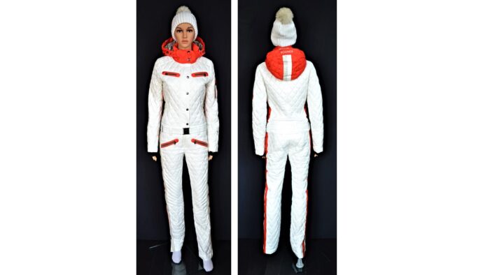 BOGNER GIGI-D DAMEN DAUNEN SKIANZUG WOMEN SKI SUIT OVERALL WEIß-ROT Gr 34L XS NEU
