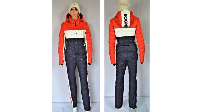 BOGNER GRETE DAMEN DAUNEN SKIANZUG WOMEN SKI SUIT OVERALL ROT-BLAU-WEIß Gr 36L S NEU