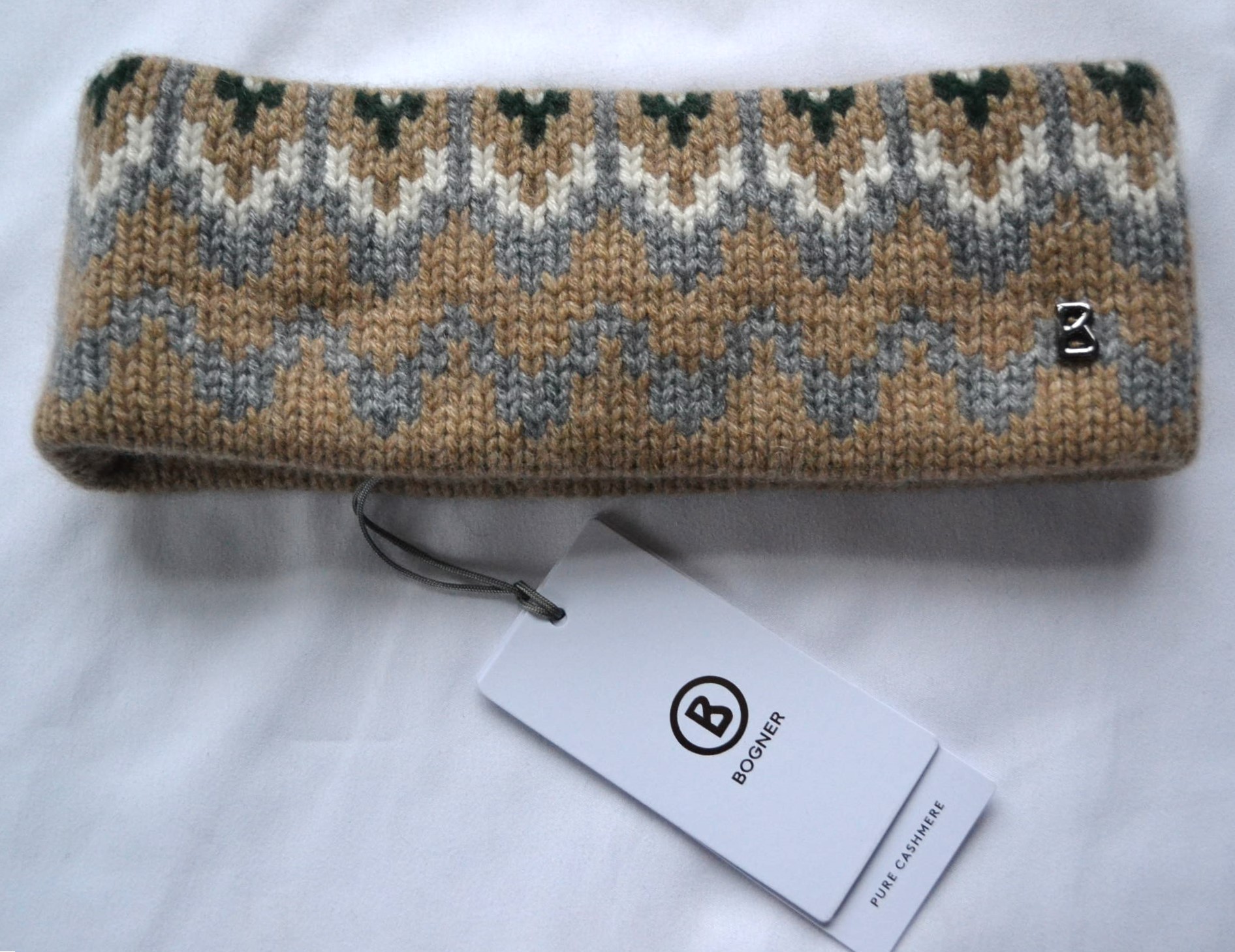 BOGNER LOCA 100% KASCHMIR DAMEN STIRNBAND BEIGE-WEIß-GRAU-OLIV LOGO NEU