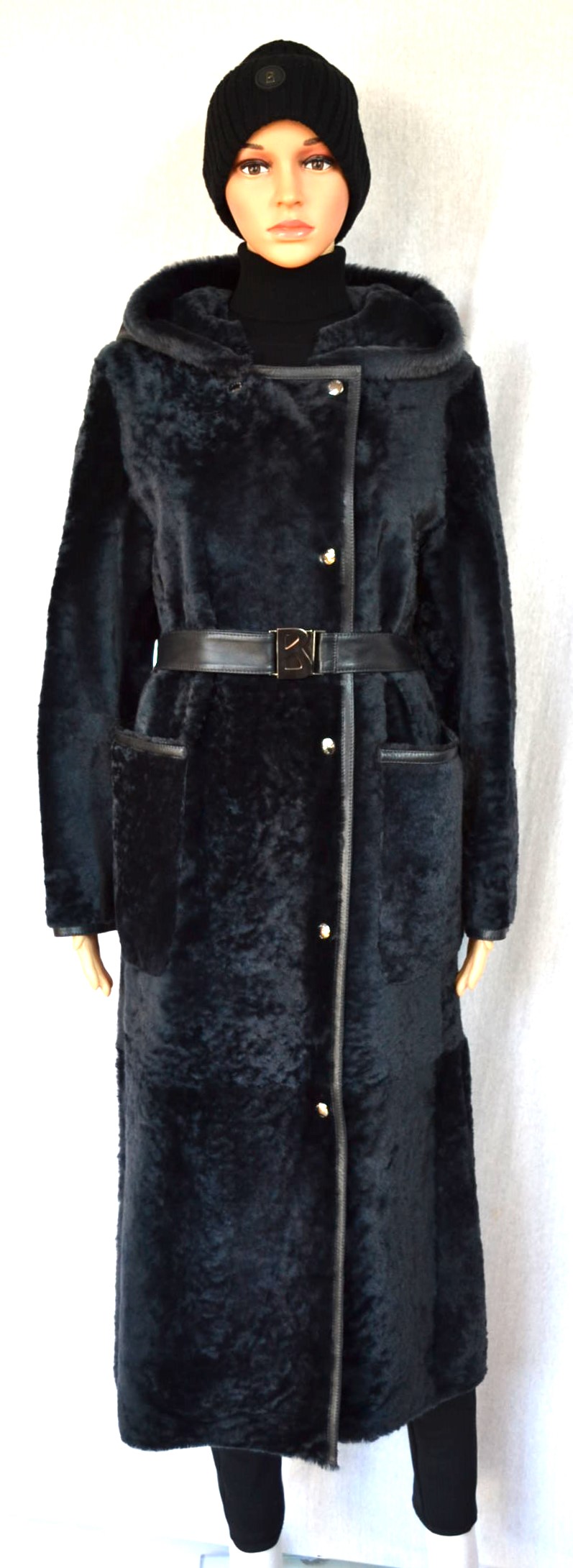 BOGNER PEYTON DAMEN LANGE LAMMFELLMANTEL LAMMFELL / LEDER MANTEL MIT GÜRTEL DARK GREY WOMEN Gr 36 - 38 S-MNEU – Bild 2