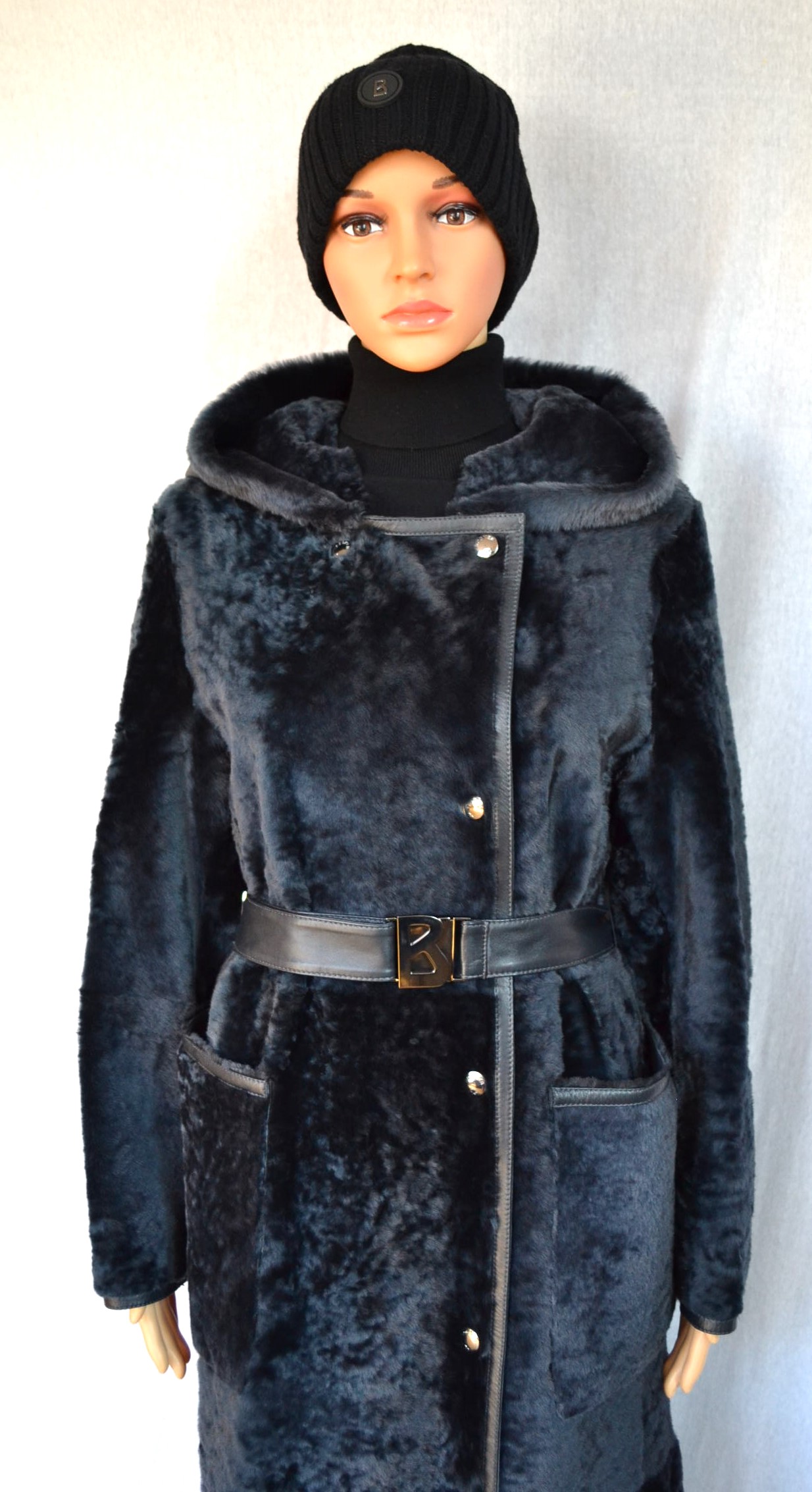 BOGNER PEYTON DAMEN LANGE LAMMFELLMANTEL LAMMFELL / LEDER MANTEL MIT GÜRTEL DARK GREY WOMEN Gr 36 - 38 S-MNEU – Bild 3