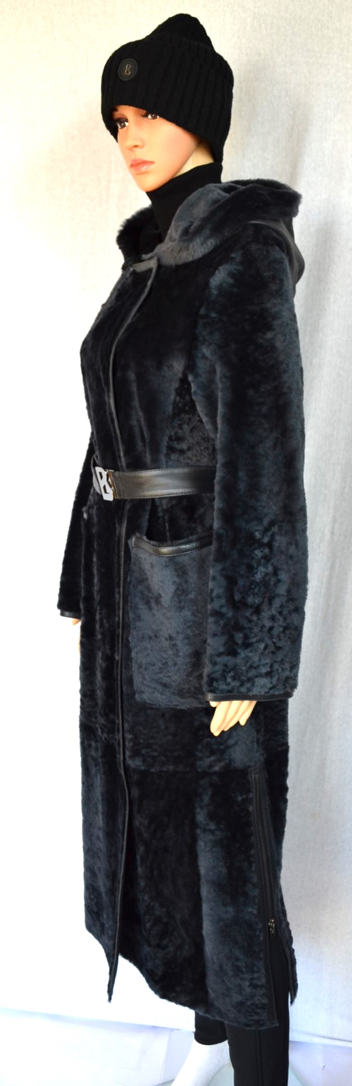 BOGNER PEYTON DAMEN LANGE LAMMFELLMANTEL LAMMFELL / LEDER MANTEL MIT GÜRTEL DARK GREY WOMEN Gr 36 - 38 S-MNEU – Bild 5