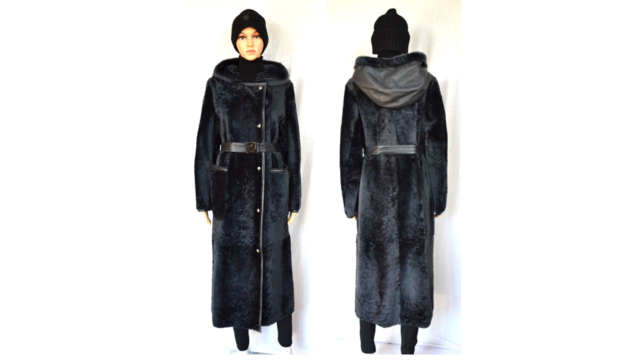 BOGNER PEYTON DAMEN LANGE LAMMFELLMANTEL LAMMFELL / LEDER MANTEL MIT GÜRTEL DARK GREY WOMEN Gr 36 - 38 S-MNEU