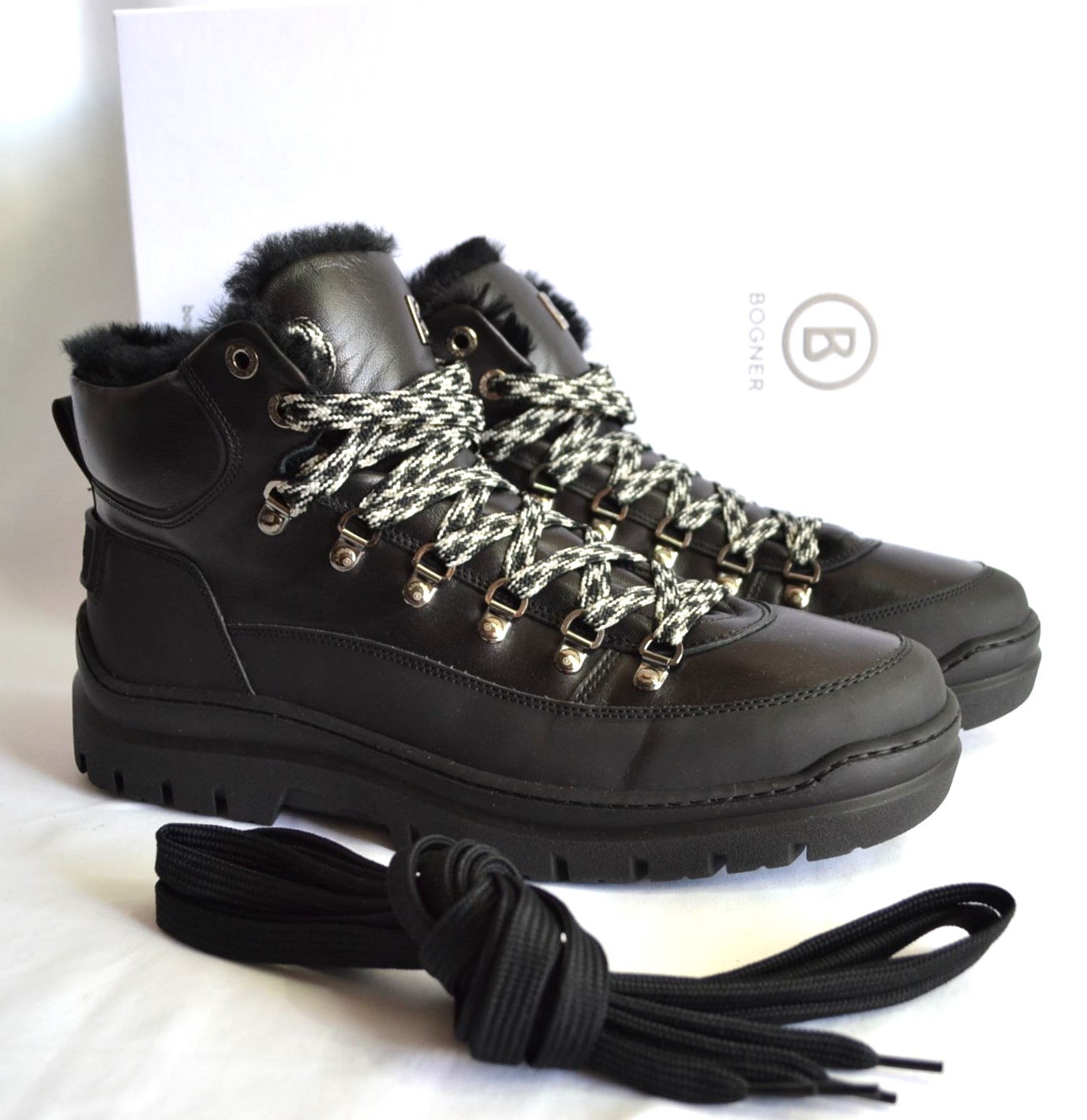 BOGNER HERREN BANSKO LEDER BOOTS SCHWARZ MIT LAMMFELL FUTTER UND SPIKES Gr 44 45 NEU OVP