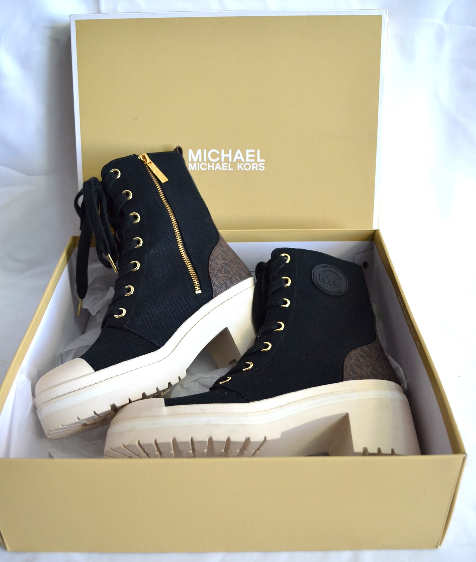 MICHAEL KORS DAMEN BOOTS STIEFEL DENIM LOGO LEDER SCHWARZ WEIß Gr 38,5 8M NEU