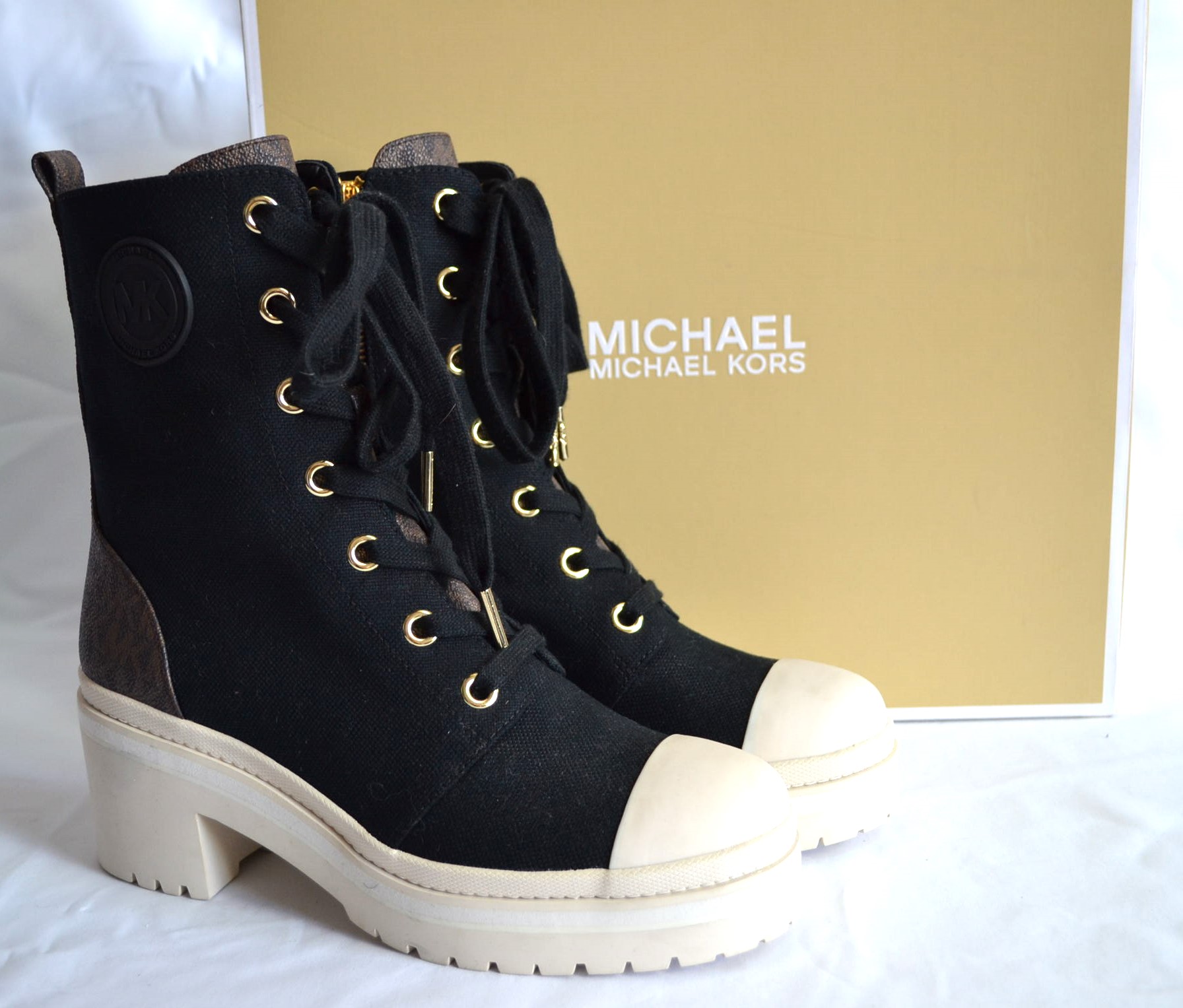 MICHAEL KORS DAMEN BOOTS STIEFEL DENIM LOGO LEDER SCHWARZ WEIß Gr 38,5 8M NEU – Bild 3